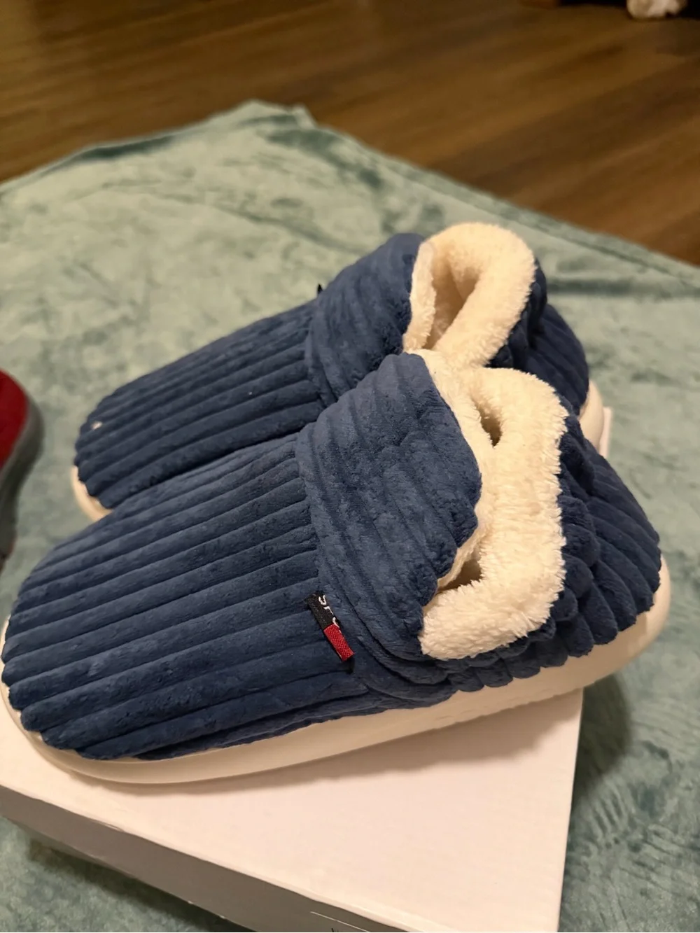 Plush Navy Blue Corduroy Slide Slippers